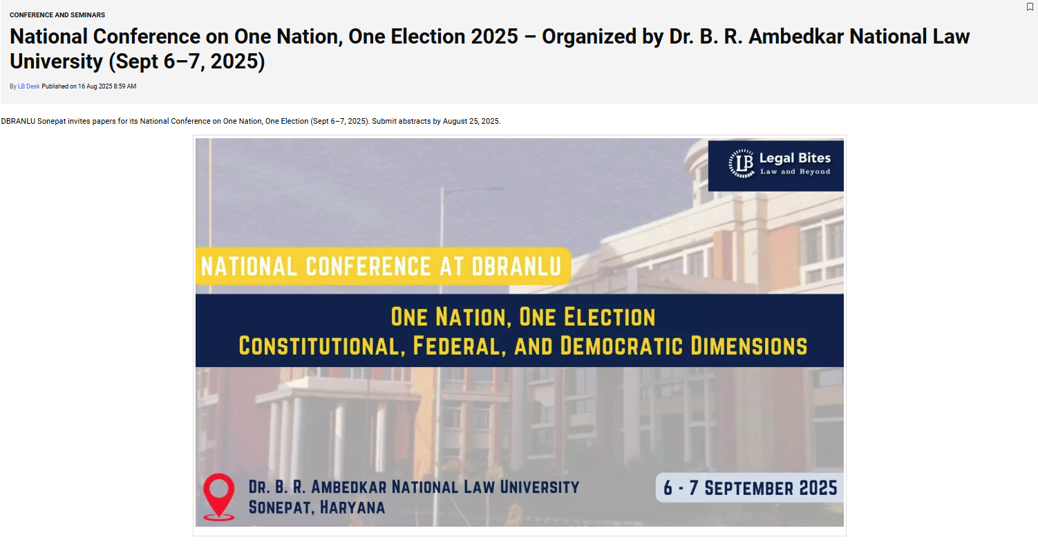 National Conference on One Nation, One Election 2025 – Organized by Dr. B. R. Ambedkar National Law University (Sept 6–7, 2025)