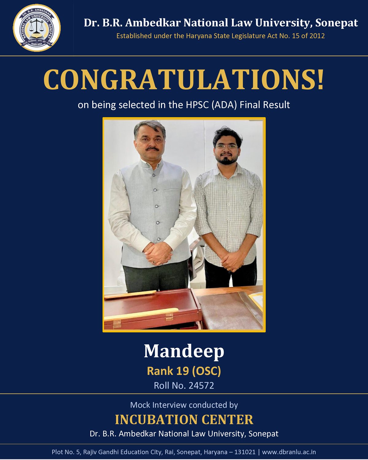 Mandeep — selected in the HPSC (ADA) Final Result, Rank 19 (OSC)